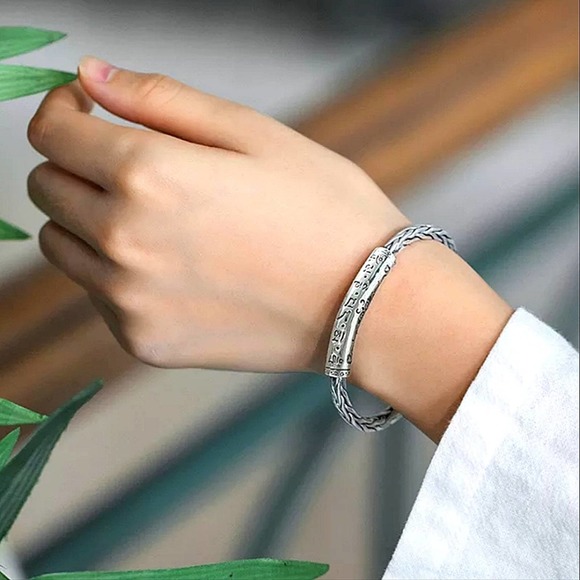 Vintage Chinese Cuff Sterling Silver Bangle Bracelet - Picture 5 of 6